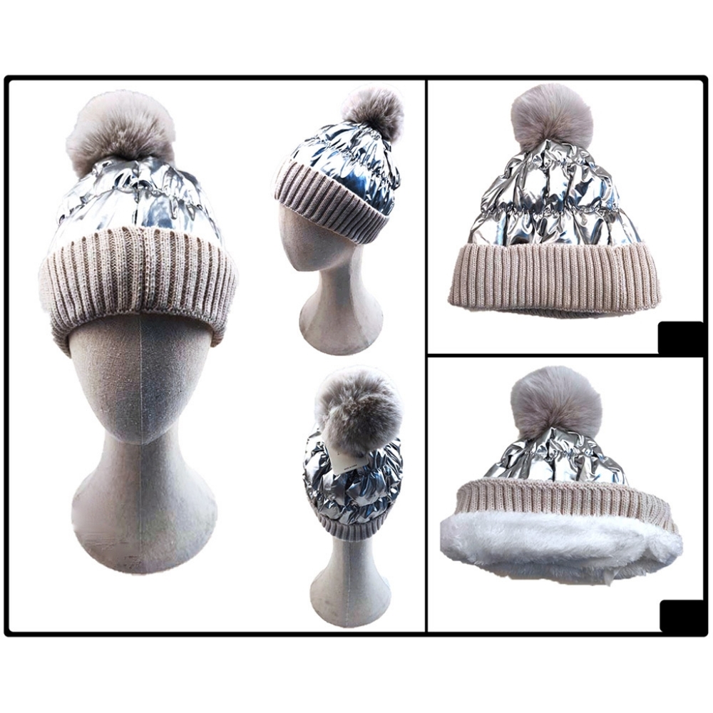 Silver Fleece Lined Fur Pom Pom Winter Beanie Hat Fashion Statement Accessories